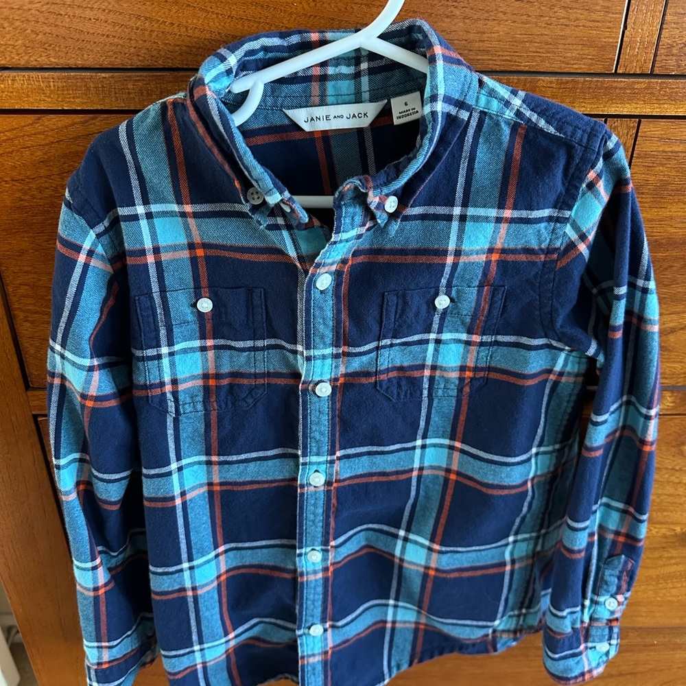 Janie and Jack Navy and Teal Plaid Shirt